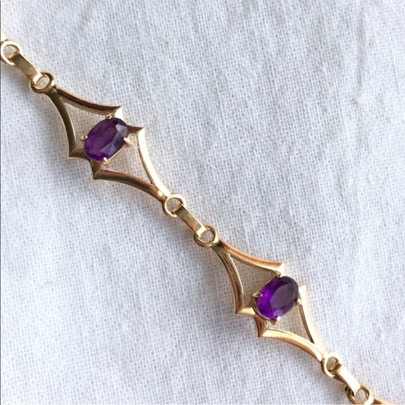 14K GOLD NATURAL UNTREATED AFRICAN AMETHYST VINTAGE LINK BRACELET - Picture 2 of 7